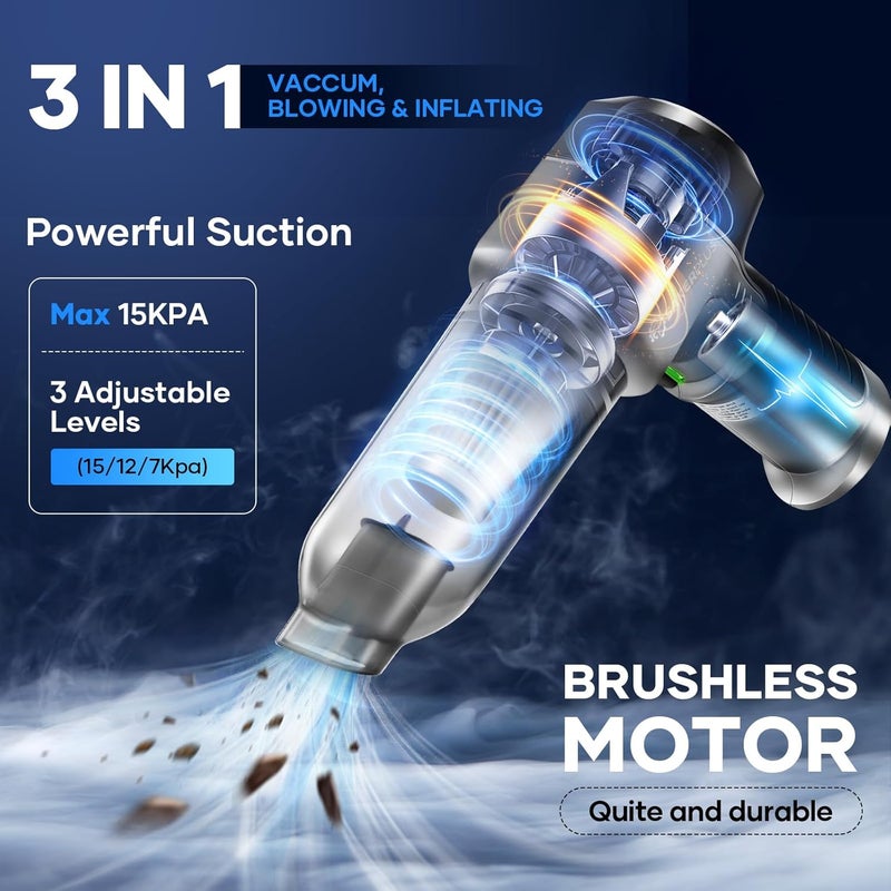 SakerPlus Mini Vacuum Cleaner, 3 in 1 Car Vacuum Cleaner High Power, 15000PA Powerful Suction, Air Duster, 7500mAh, Dual Filter,Adjustable Small Vaccum Portable Cordless for Cars,Desktop,Home - HL137 - Image 2